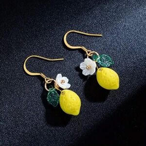 Lemon Drop Dangle Earrings Flower Accent Gold‎ Tone Summer Jewelry